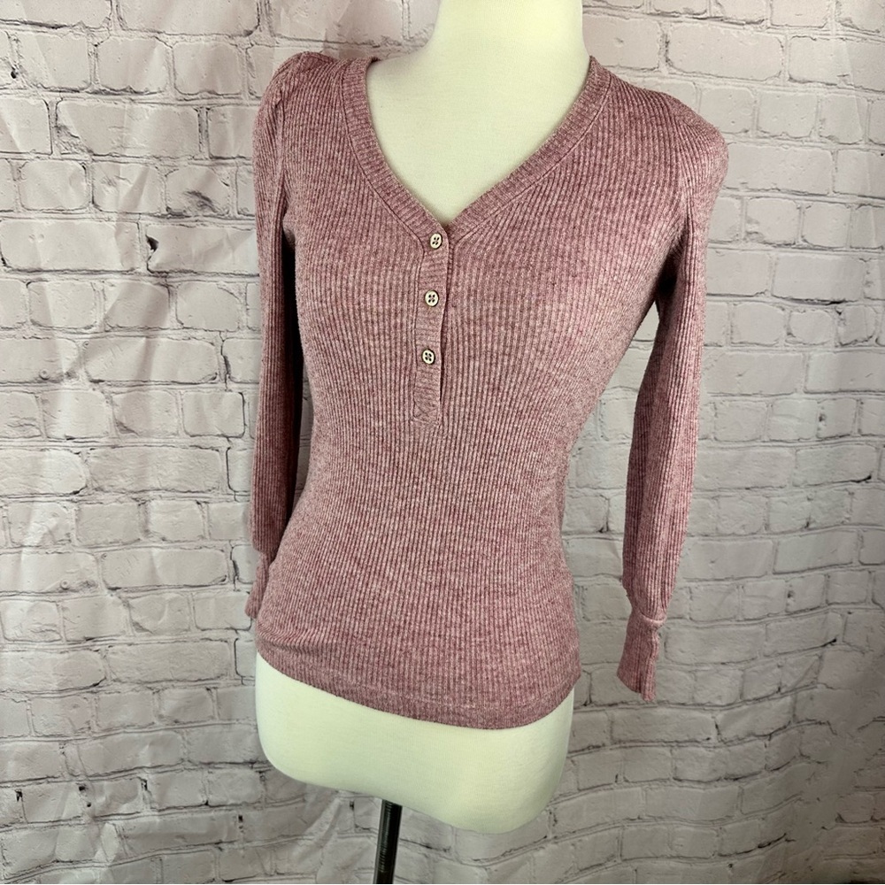 LOFT Dusty Pink Ribbed Knit Top women petite XXS henley casual winter minimalist